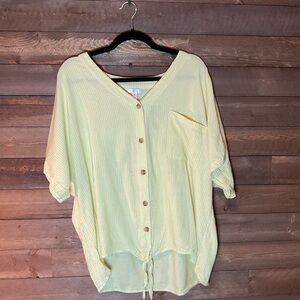 Lime and White Striped Button Front Knot Tie Short Sleeve Top Time and Tru XL